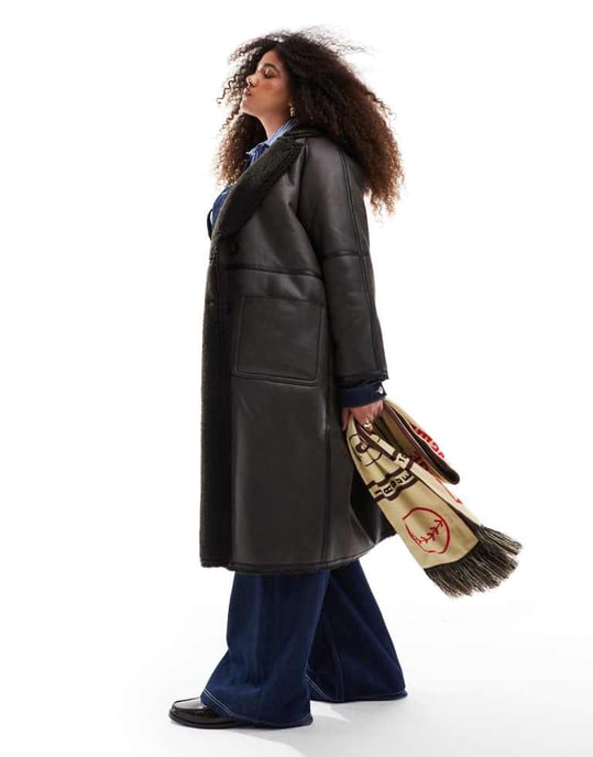 ASOS DESIGN Curve longline shearling jacket with contrast binding in brown - Image 2