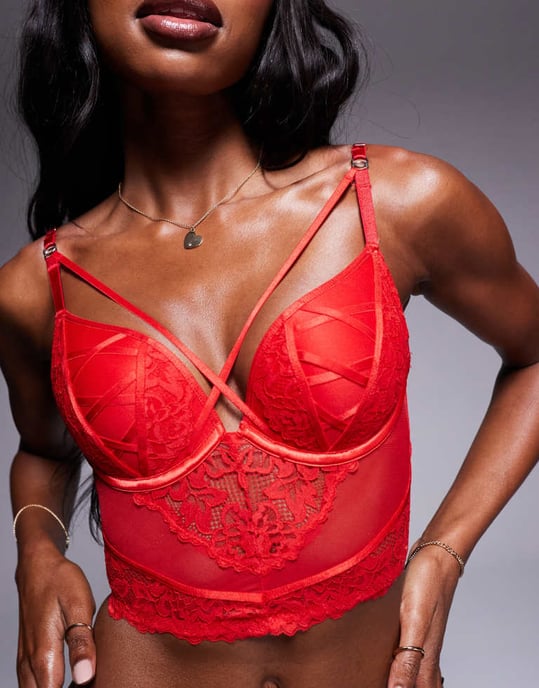 Ann Summers sweet surrender padded plunge corset lace and mesh bra in red - Image 2