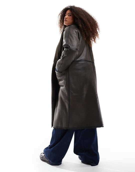 ASOS DESIGN Curve longline shearling jacket with contrast binding in brown - Image 4