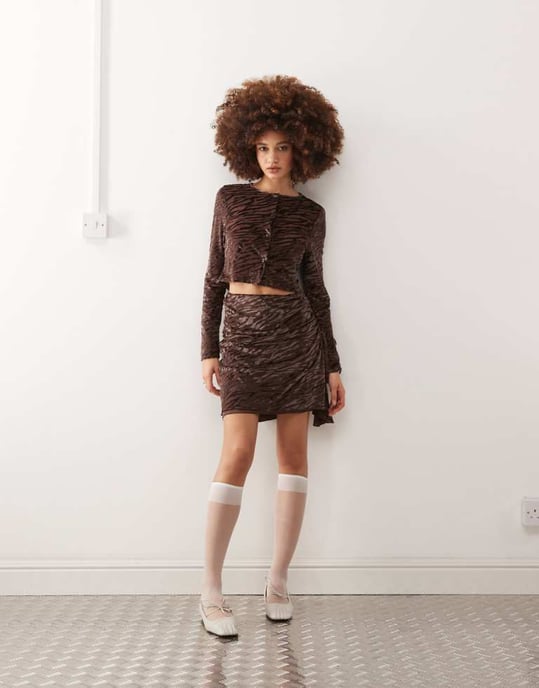 COLLUSION fitted button through top in brown devore co-ord - Image 2