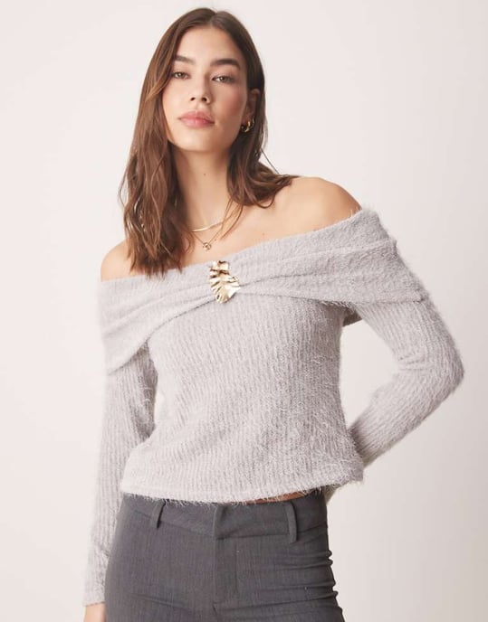 ASOS DESIGN off shoulder chenille top with gold trim detail in grey - Image 1