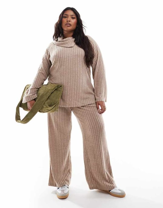 Vero Moda Curve foldover ribbed jersey top co-ord in beige - Image 3