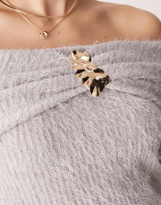 ASOS DESIGN off shoulder chenille top with gold trim detail in grey - Image 2