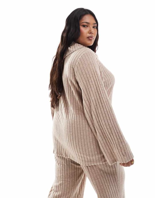 Vero Moda Curve foldover ribbed jersey top co-ord in beige - Image 4