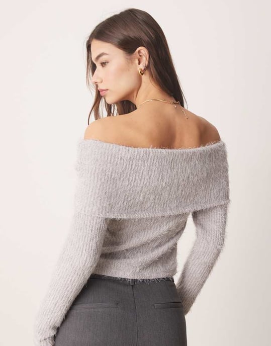 ASOS DESIGN off shoulder chenille top with gold trim detail in grey - Image 3