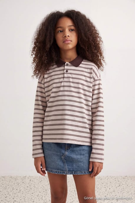 TRENDYOLKIDS Girls Brown Striped Long Regular fit Sweatshirts - Image 2