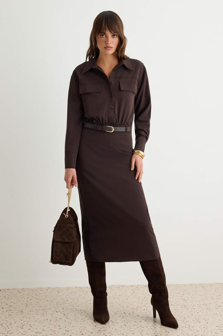 TRENDYOLMİLLA Dames Bruin Effen Maxi Lang Bodycon Jurken - Image 1