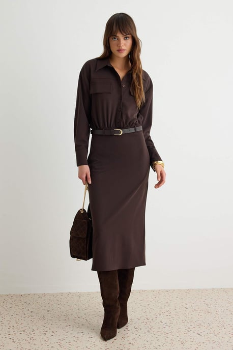 TRENDYOLMİLLA Dames Bruin Effen Maxi Lang Bodycon Jurken - Image 4
