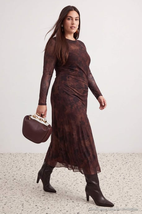 Trendyol Curve Dames Bruin Met grafische print Maxi Lang A-lijn Grote maten Jurk - Image 6