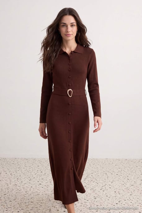 Trendyol Modest Dam Brun Enfärgad Maxi Lång A-linje Modest Klänningar - Image 4