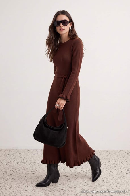 Trendyol Modest Dam Brun Enfärgad Maxi Lång Etuimodell Modest Klänningar - Image 2
