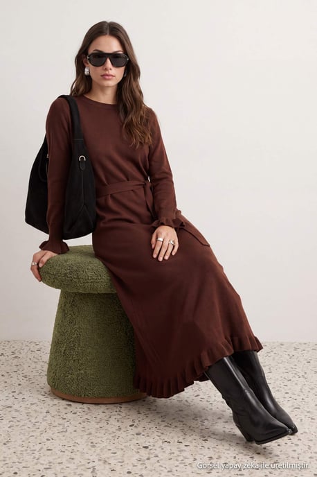Trendyol Modest Dam Brun Enfärgad Maxi Lång Etuimodell Modest Klänningar - Image 6