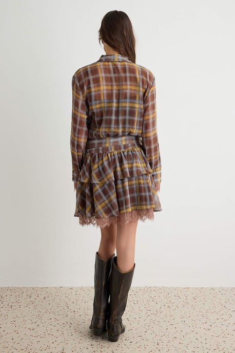 TRENDYOLMİLLA Dames Bruin Geruit Kort / Mini Lang Blousejurk Jurken - Image 3