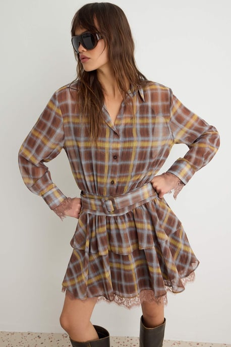 TRENDYOLMİLLA Dames Bruin Geruit Kort / Mini Lang Blousejurk Jurken - Image 4