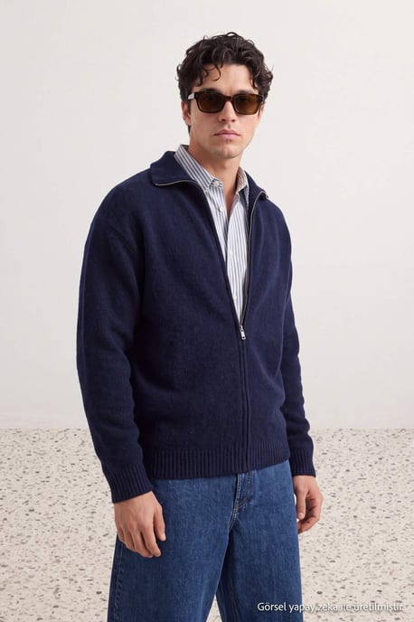TRENDYOL MAN Men's Dark blue Plain Long Oversize Cardigans - Image 1