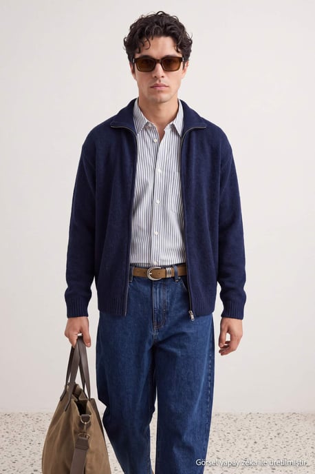 TRENDYOL MAN Men's Dark blue Plain Long Oversize Cardigans - Image 2