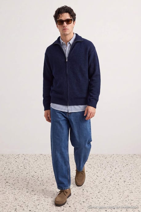 TRENDYOL MAN Men's Dark blue Plain Long Oversize Cardigans - Image 6