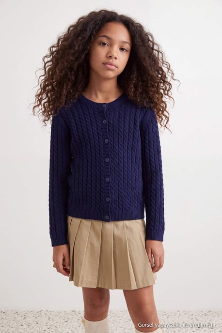 TRENDYOLKIDS Girls Dark blue Cable knit Long Regular fit Cardigans - Image 2