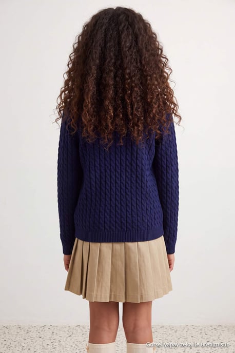 TRENDYOLKIDS Girls Dark blue Cable knit Long Regular fit Cardigans - Image 6