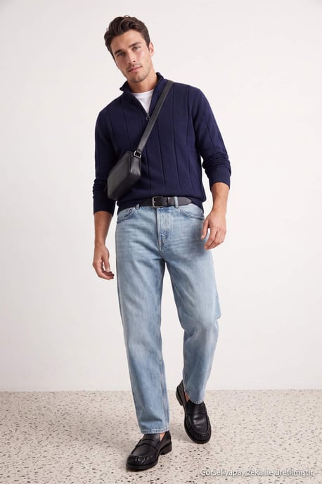 TRENDYOL MAN Men's Dark blue Striped Long Regular fit Sweaters - Image 2