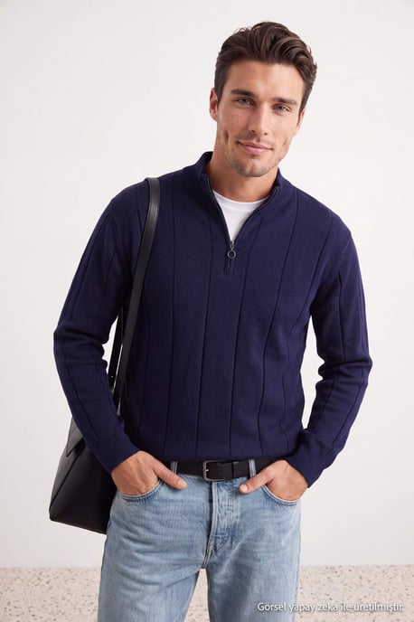 TRENDYOL MAN Men's Dark blue Striped Long Regular fit Sweaters - Image 3