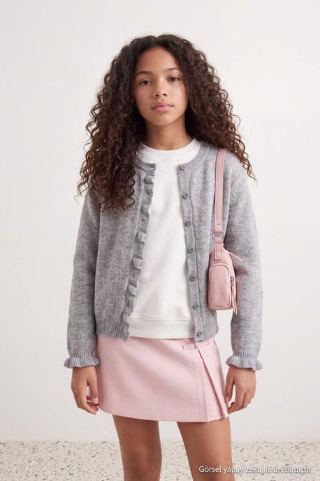 TRENDYOLKIDS Flickor Grå Enfärgad Lång, Figursydd Cardigans - Image 1