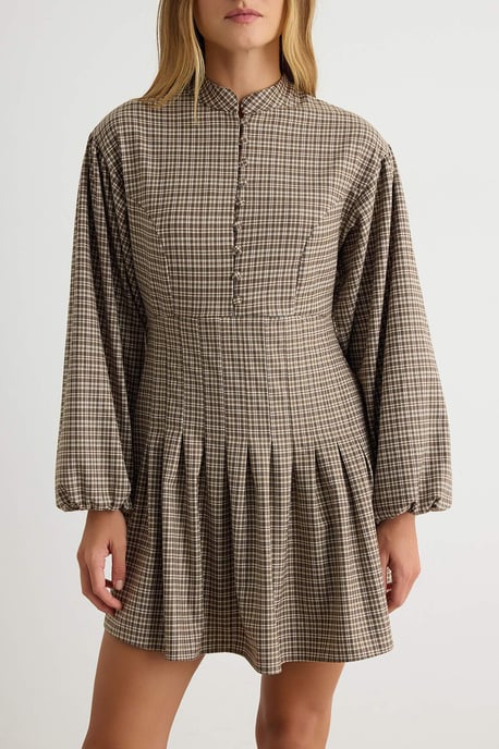 TRENDYOLMİLLA Dames Bruin Geruit Kort / Mini Lang A-lijn Jurken - Image 2