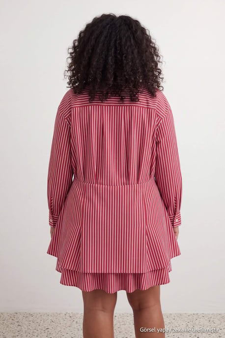 Trendyol Curve Women's Burgundy Striped Short / Mini Long A-line Plus Size Dress - Image 2