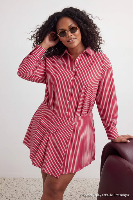 Trendyol Curve Women's Burgundy Striped Short / Mini Long A-line Plus Size Dress - Image 3