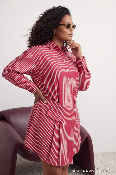 Trendyol Curve Women's Burgundy Striped Short / Mini Long A-line Plus Size Dress - Image 6
