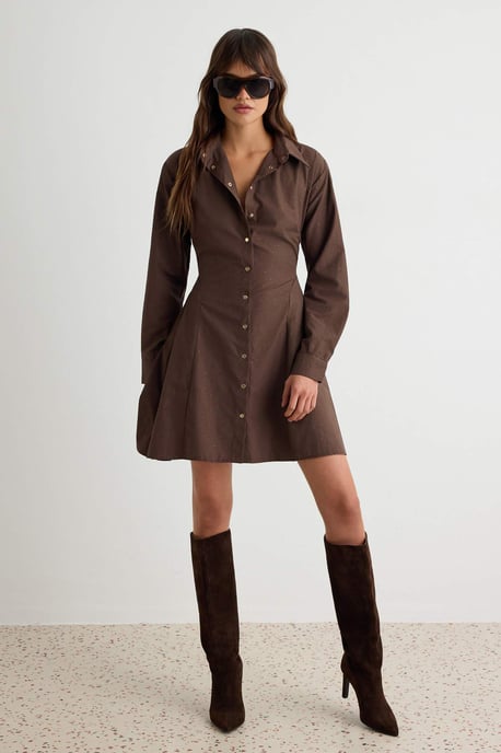 TRENDYOLMİLLA Dames Bruin Effen Kort / Mini Lang Blousejurk Jurken - Image 1