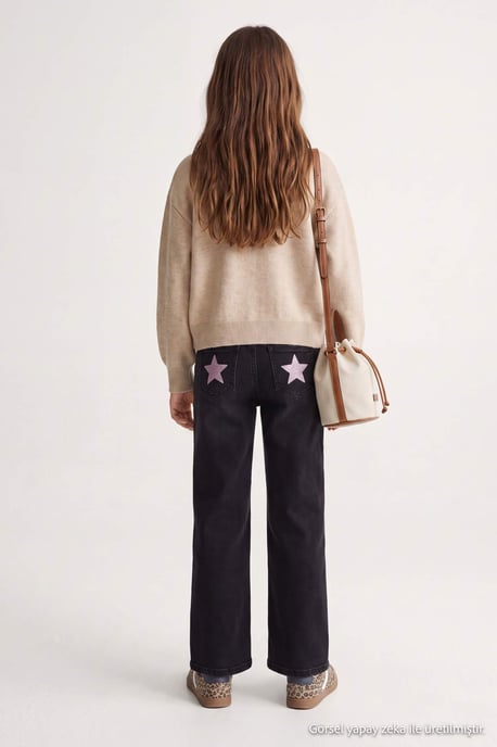 TRENDYOLKIDS Girls Gray Graphic High Waist Jeans - Image 4