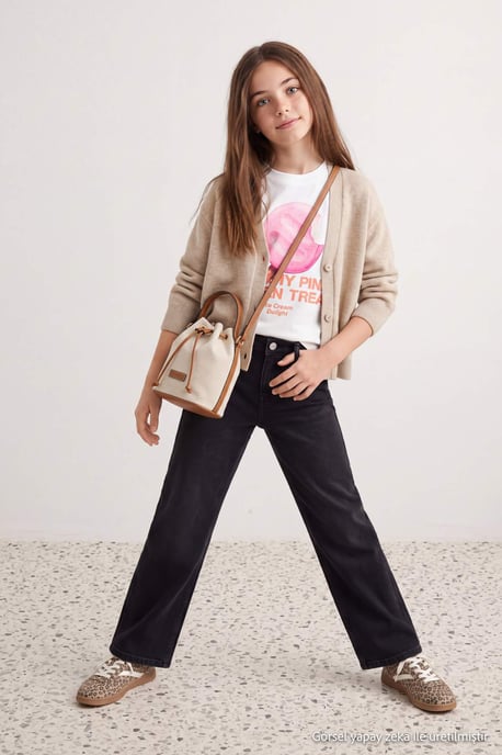 TRENDYOLKIDS Girls Gray Graphic High Waist Jeans - Image 6