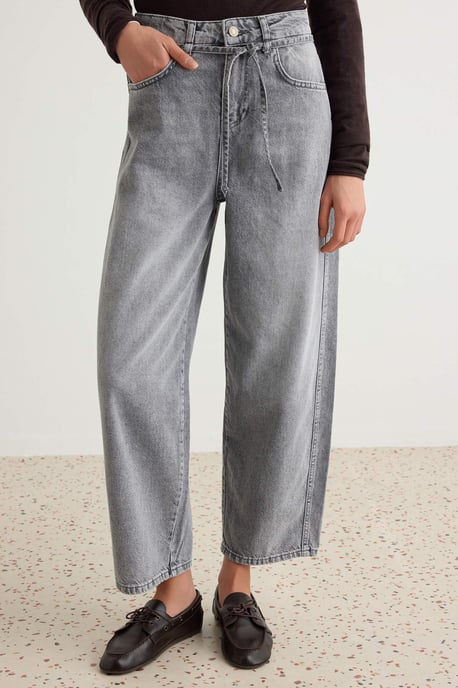 TRENDYOLMİLLA Women's Gray Plain Barrel High Waist Jeans - Image 2