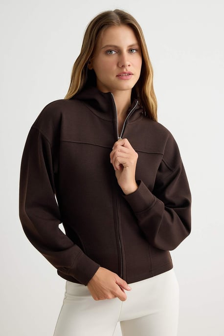 TRENDYOLMİLLA Women's Brown Plain Long Fitted Sweatshirts - Image 1