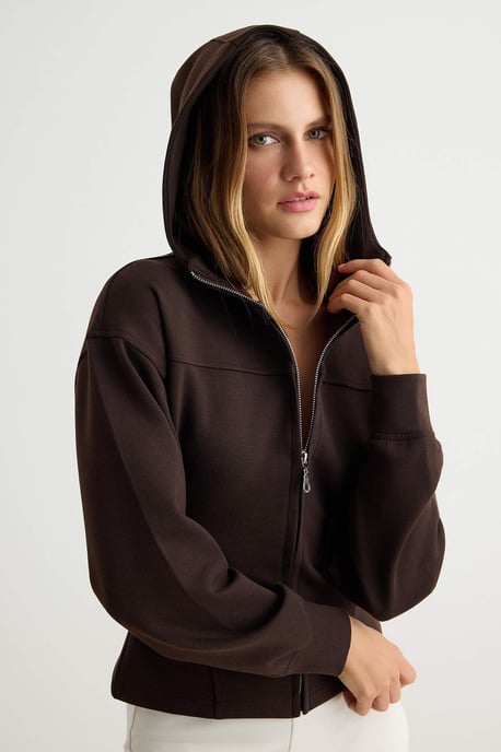 TRENDYOLMİLLA Women's Brown Plain Long Fitted Sweatshirts - Image 2
