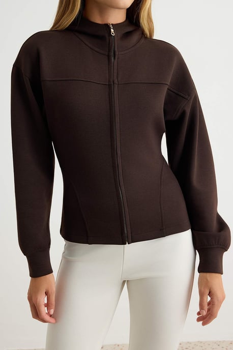 TRENDYOLMİLLA Women's Brown Plain Long Fitted Sweatshirts - Image 3