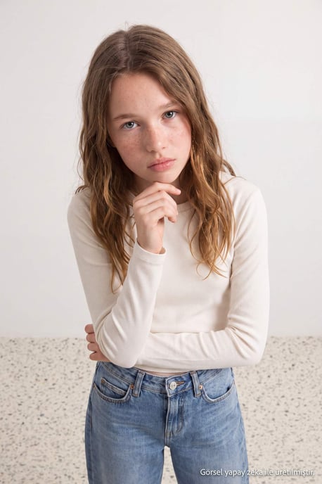 TRENDYOLKIDS Flickor Ecru Enfärgad Lång, Regular fit T-shirts - Image 2