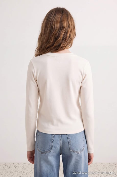 TRENDYOLKIDS Flickor Ecru Enfärgad Lång, Regular fit T-shirts - Image 3