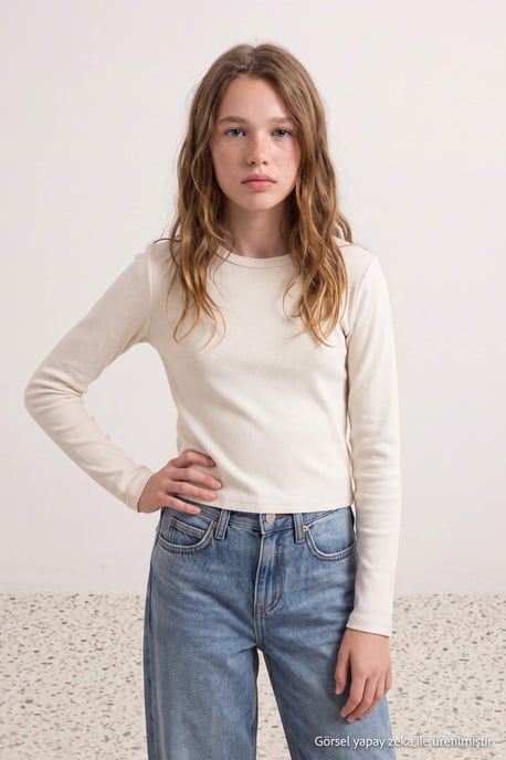 TRENDYOLKIDS Flickor Ecru Enfärgad Lång, Regular fit T-shirts - Image 6