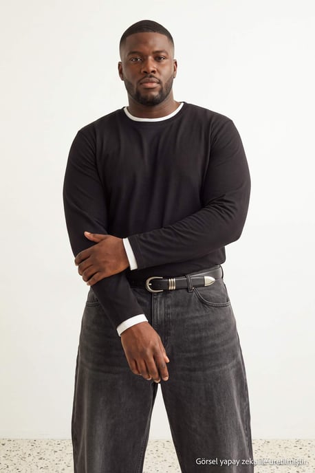 TRENDYOL MAN Men's Black Plain Long Regular fit Plus Size T-Shirts - Image 6