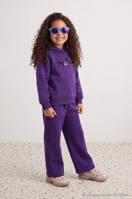 TRENDYOLKIDS Girls Purple Plain Long Regular fit Two Piece Sets - Image 2