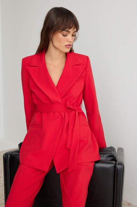 TRENDYOLMİLLA Dames Rood Effen Lang, Getailleerd Tweedelig Sets - Image 2