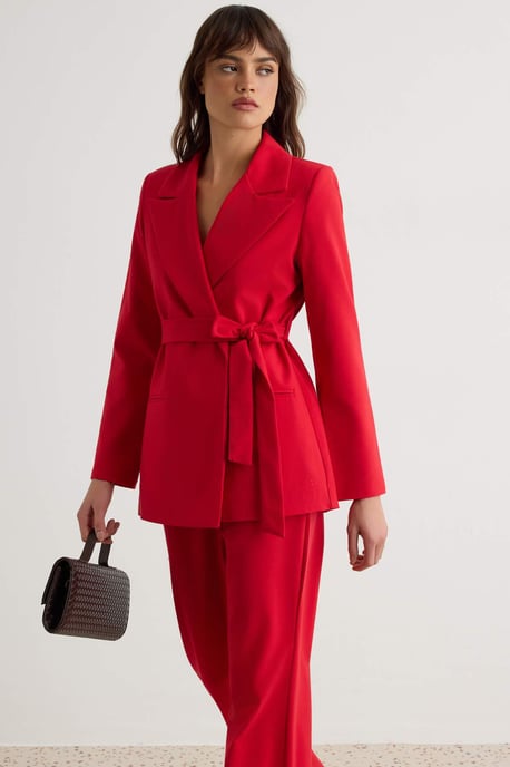 TRENDYOLMİLLA Dames Rood Effen Lang, Getailleerd Tweedelig Sets - Image 5