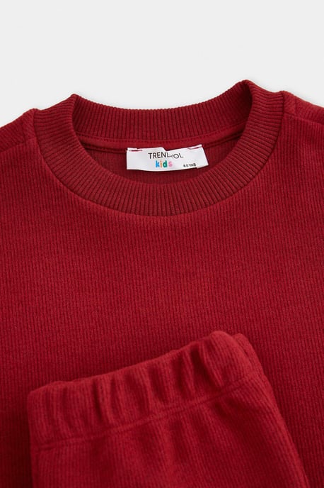 TRENDYOLKIDS Girls Burgundy Plain Long Regular fit Two Piece Sets - Image 2