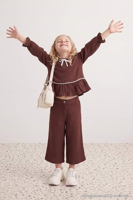 TRENDYOLKIDS Girls Burgundy Plain Short Regular fit Two Piece Sets - Image 2