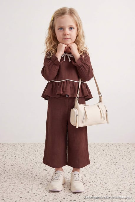 TRENDYOLKIDS Girls Burgundy Plain Short Regular fit Two Piece Sets - Image 3