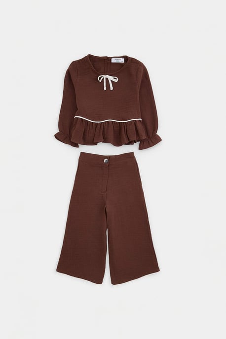 TRENDYOLKIDS Girls Burgundy Plain Short Regular fit Two Piece Sets - Image 4