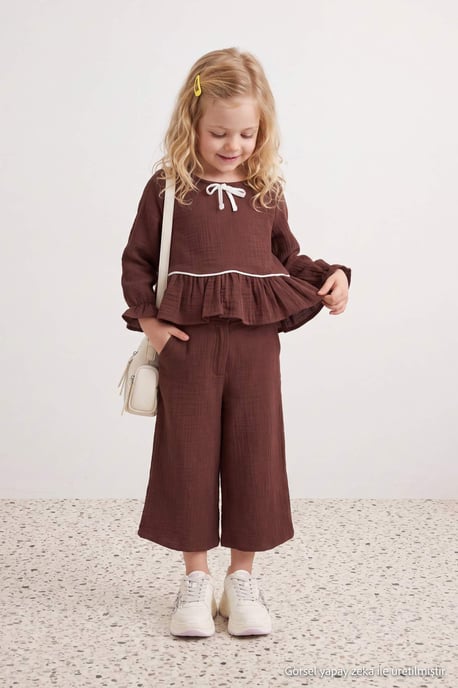 TRENDYOLKIDS Girls Burgundy Plain Short Regular fit Two Piece Sets - Image 6