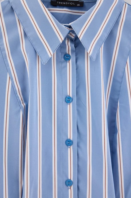 TRENDYOLMİLLA Dames Blauw Gestreept Lang, Getailleerd Overhemden - Image 4